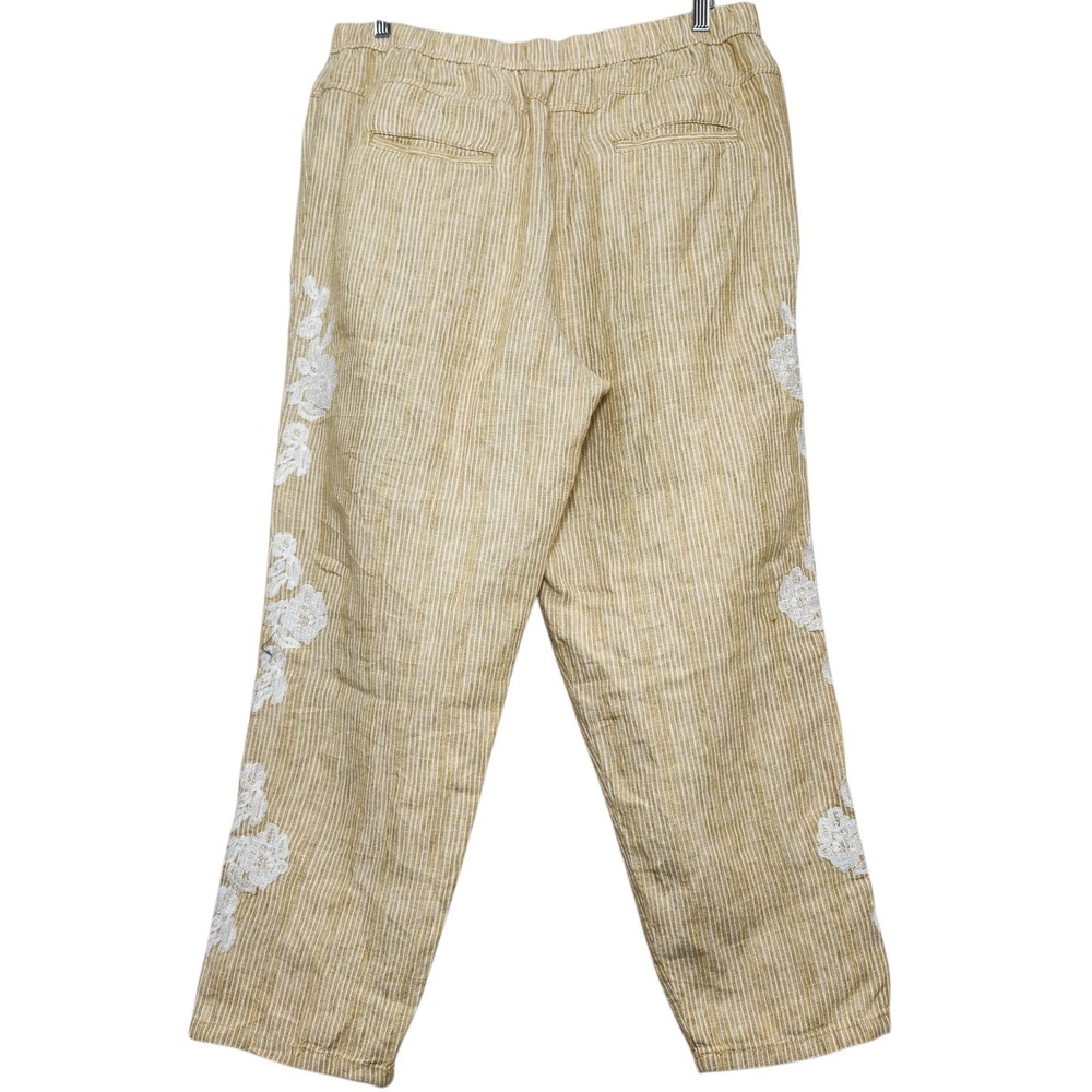 Anthropologie Size Large 100% Linen Yellow Stripe White Embroidered Pants Crop - Picture 5 of 13